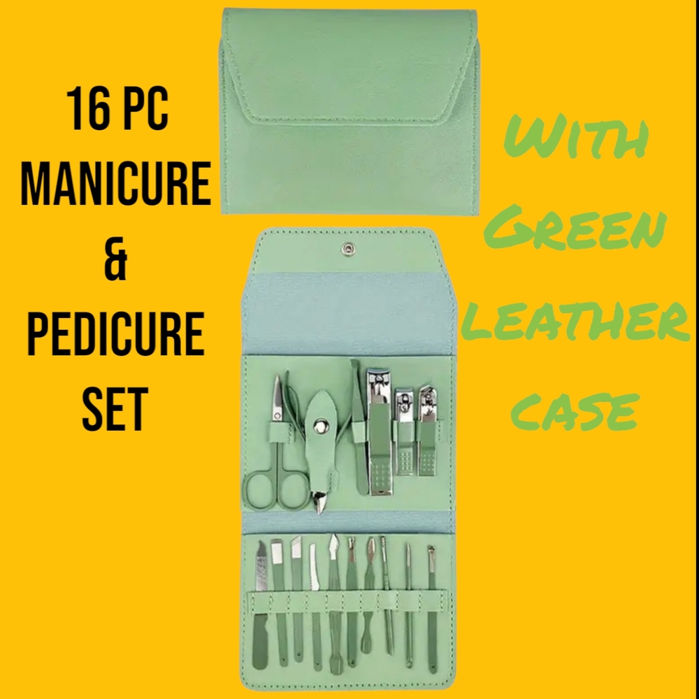 - 16-Piece Manicure and Pedicure Set with Green Leather Case